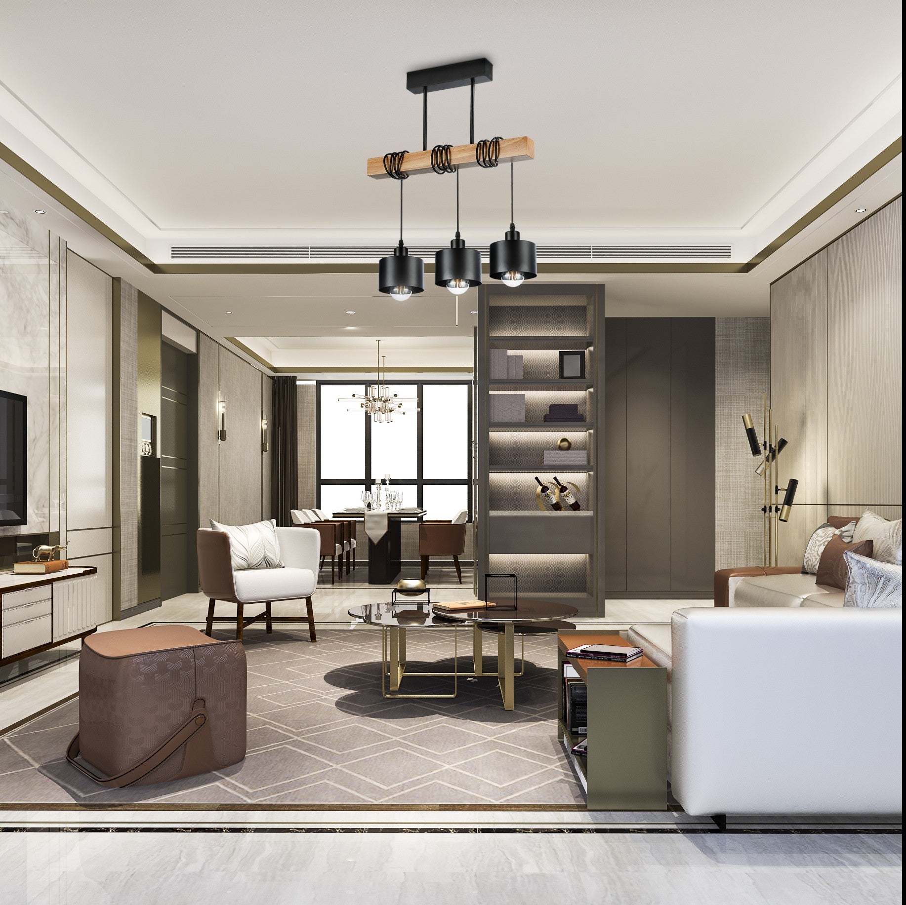 Lampa wisząca żyrandol Elza E27 3-punktowa 167 cm IP20 czarna drewno dąb MasterLED - 6