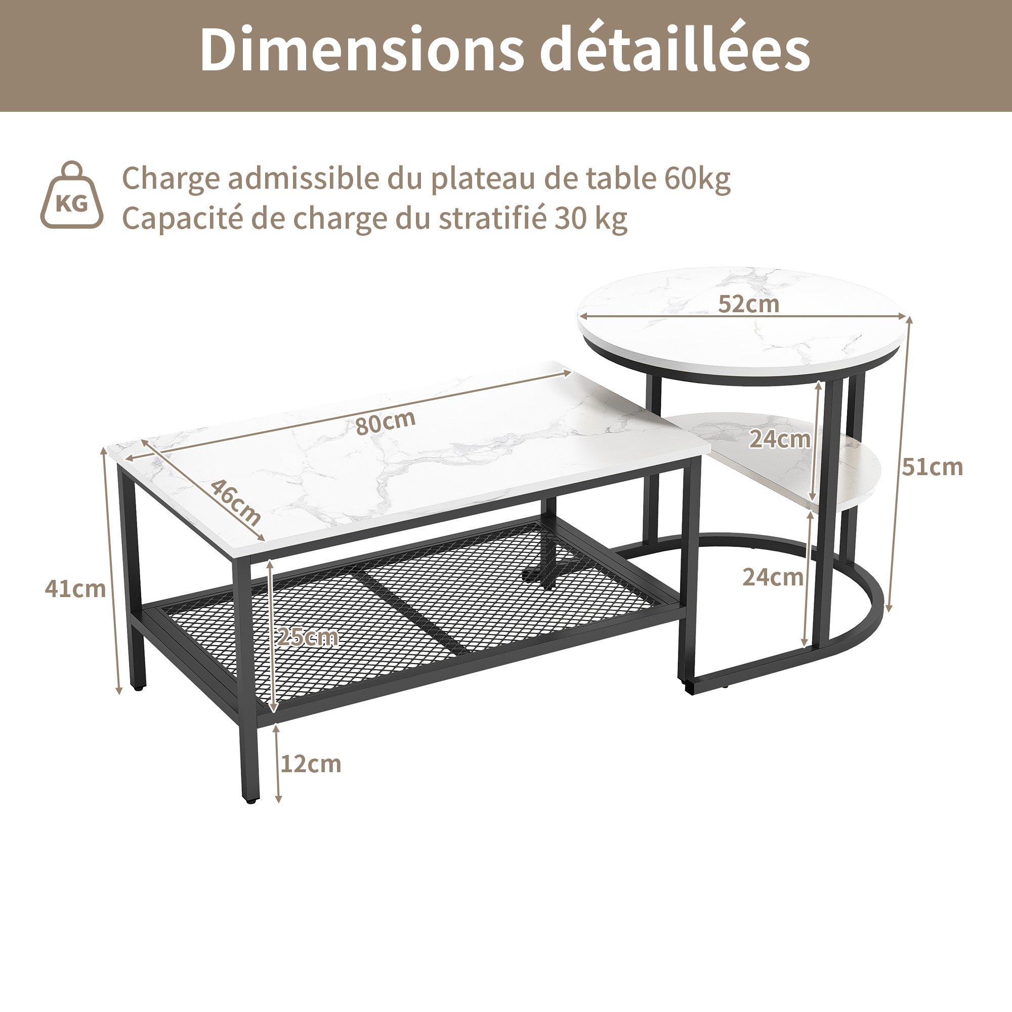 Tables Basses Gigognes Lot de 2,Table Gigogne Design Marbre, Cadre en Métal Noir, Table d'Appoint,Tables Basse Salon Rectangulaire pour Canapé,Chambre - 2