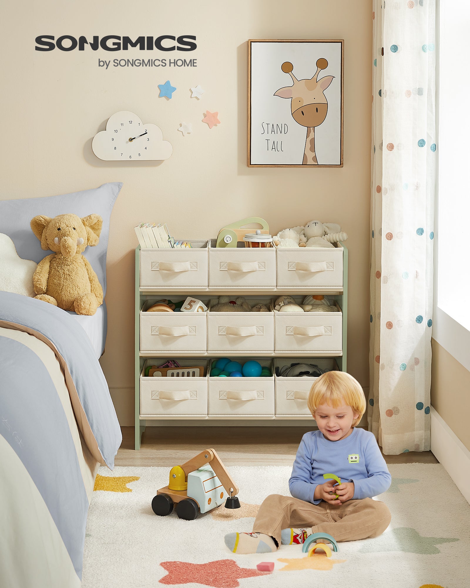 Étagère à Jouets pour Enfants, 9 Boîtes de Rangement en Tissu Non-tissé, Spacieuse, 29,5 x 62,5 x 60 cm, Vert Laurier - 2