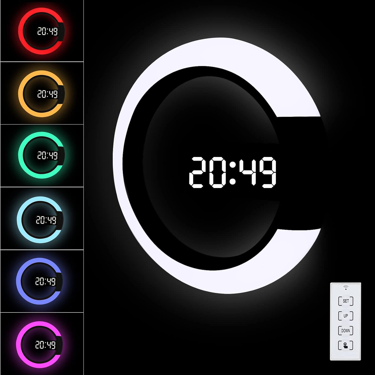Cyfrowy zegar ścienny LED z pilotem, zasilaniem przez USB, dużą jasnością, 7-kolorowym światłem RGB, 12-calowym lustrem w środku.