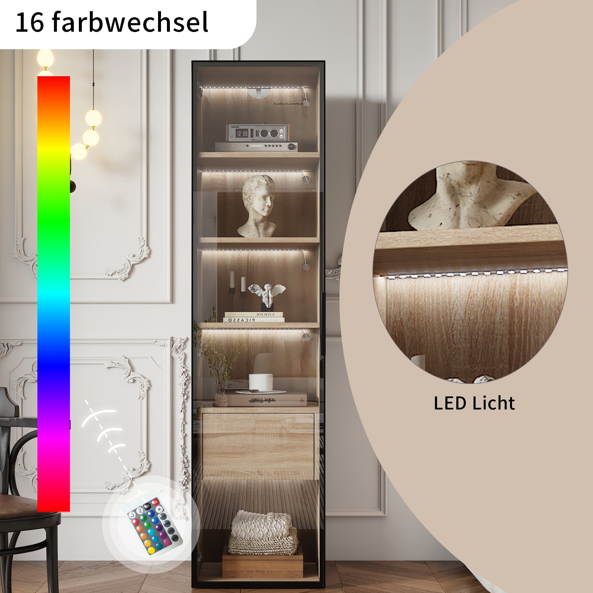 Vetrina, credenza alta con 1 anta in vetro e 1 cassetto interno - 40 X 34,5 X 165 cm - Legno MDF - Naturale - 7