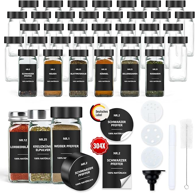 Szklane kwadratowe słoiczki na przyprawy 120 ml z wodoodpornymi etykietami i szczelnymi pokrywkami – zestaw 36 sztuk, oszczędzający miejsce w kuchni
