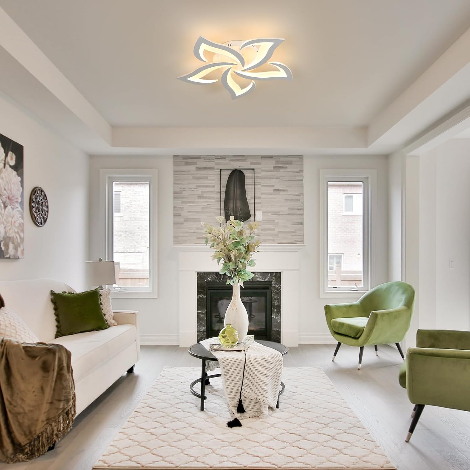 Plafonnier LED Moderne, 60W Lampe de Plafond Creative Fleur de Forme, 5 Têtes Luminaire Plafonnier en Acrylique pour Salon, Blanc Chaud 3000K, Blanc - 3
