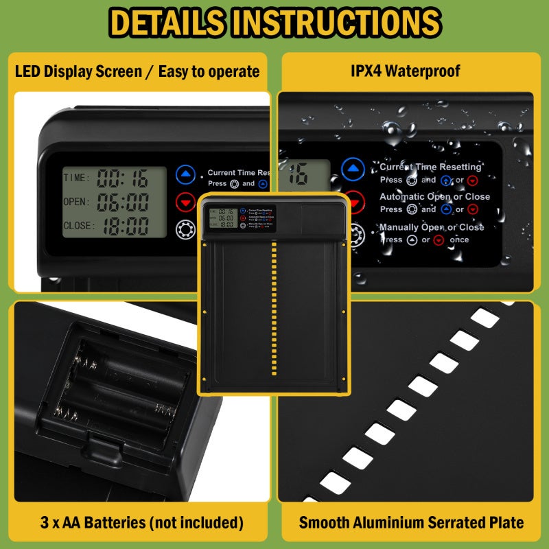 Porta automatica per pollaio con timer antipizzicamento, lega di alluminio, impermeabile IPX4, LED - 6