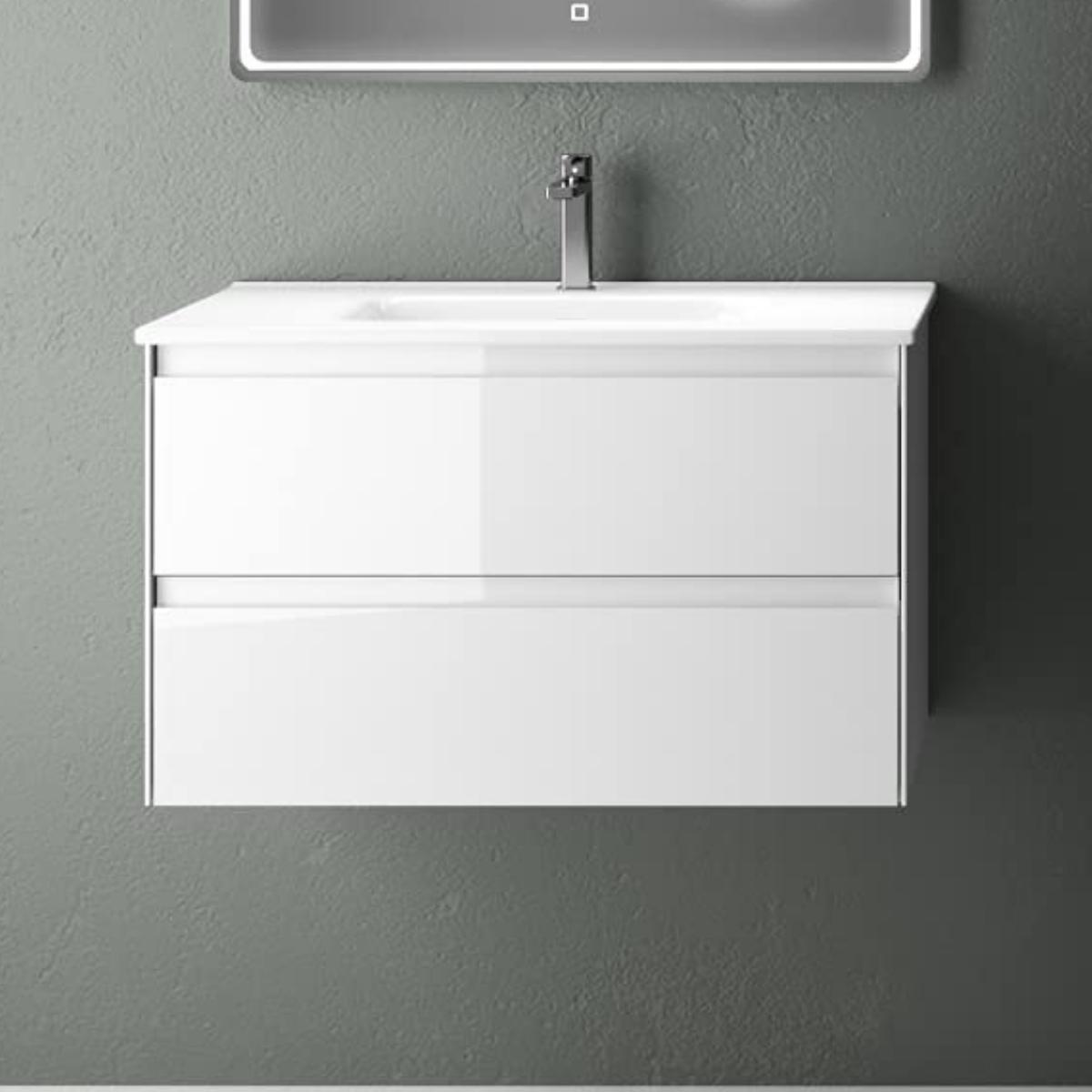Mobili da bagno a muro con lavandino in ceramica | 120cm-1 Seno | 2 cassetti con maniglia e organizzatore per chiusura imbottita | Bianco lucido - 2