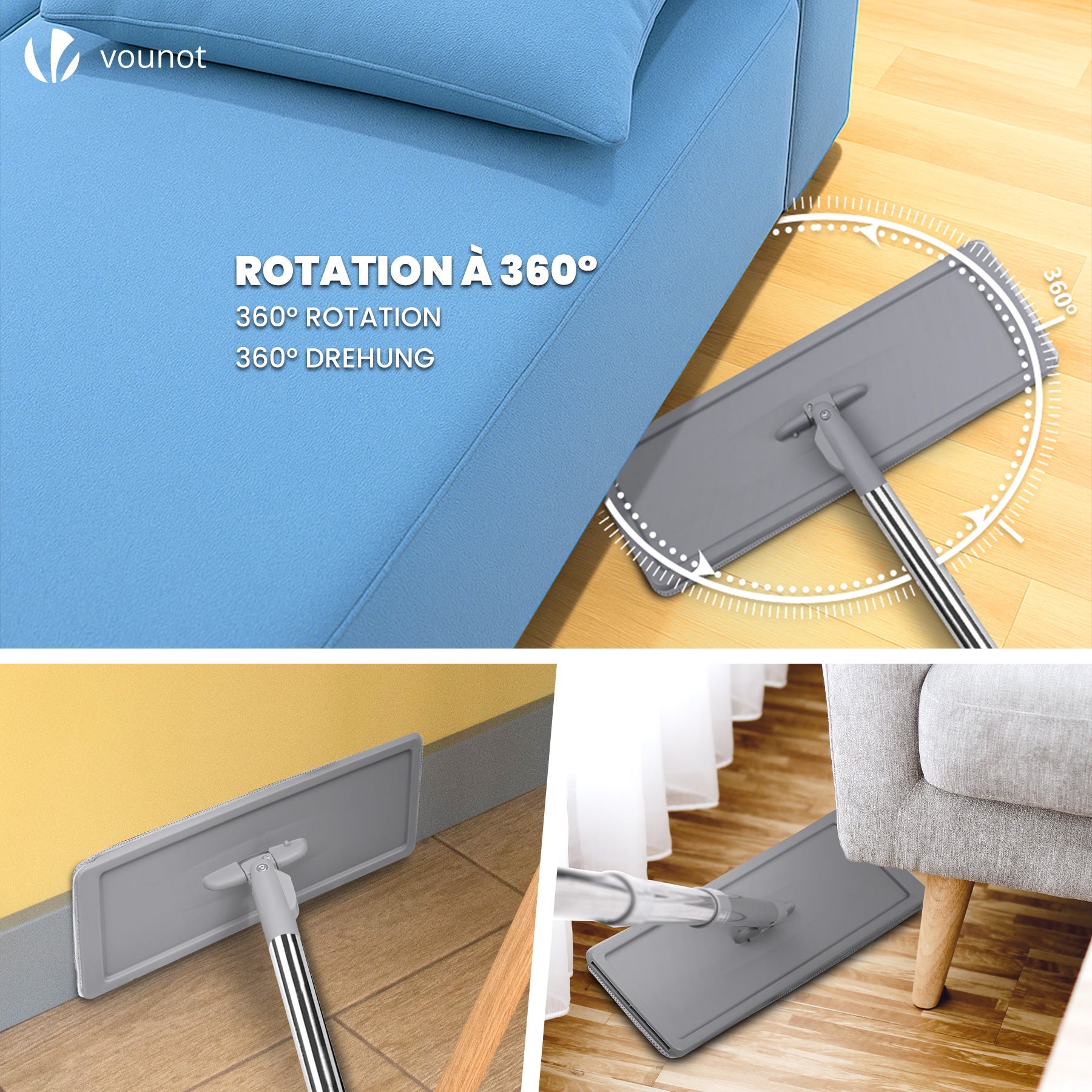 Balai plat microfibre avec seau essoreur auto-lavage double compartiment - 6 serpillères réutilisables - gris - VOUNOT® - 4