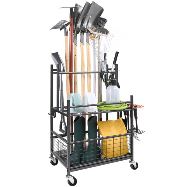 Support Range Outils de Jardin VEVOR 16 Emplacements avec Crochets Porte-outils Garage en Métal sur Roulettes Organisation et Stockage Abri Extérieur