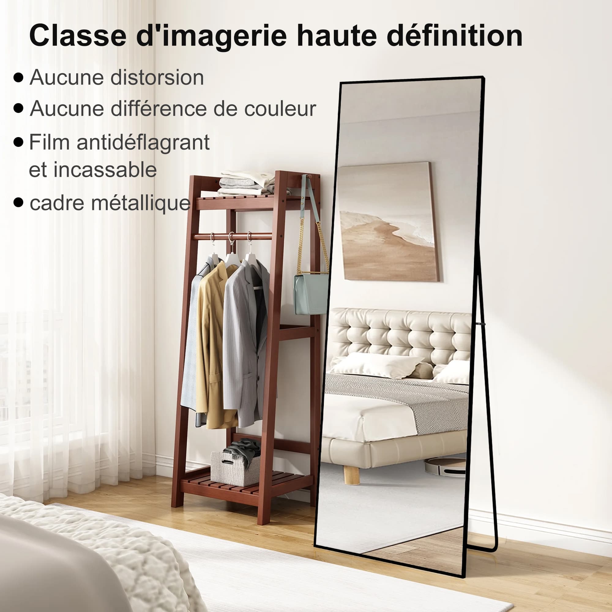 Espejo cuadrado de cuerpo entero de 164*54 cm (negro, marco de aluminio): se puede montar en la pared o inclinar. - 5