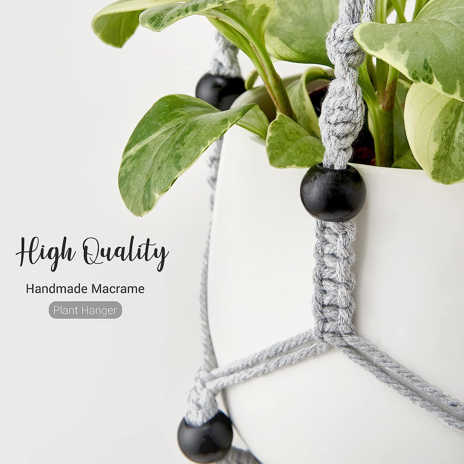 2 pezzi Cesto sospeso per piante in macramè con perline di legno, portavasi decorativo, arredamento per la casa bohémien, grigio - 3