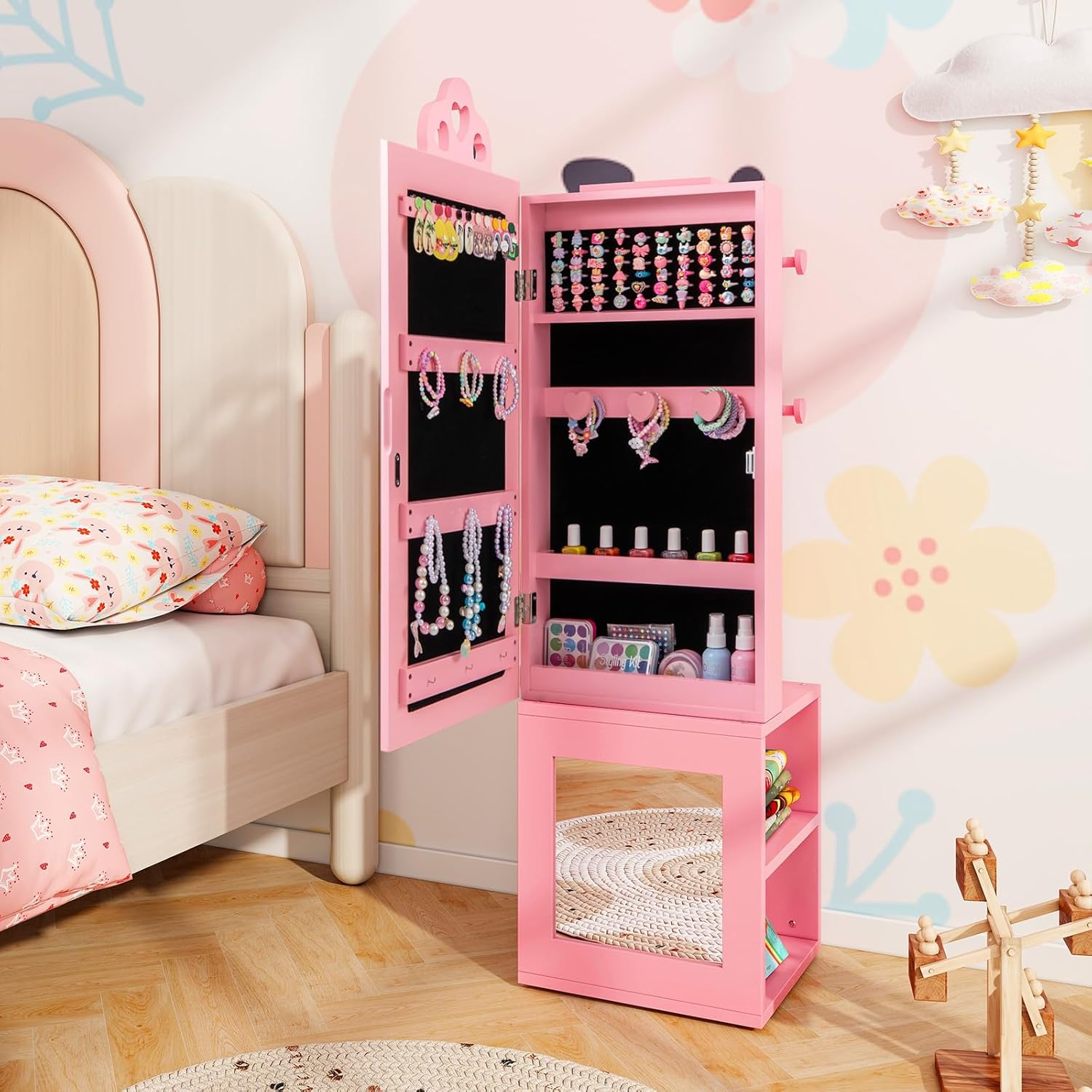 Armoire à Bijoux Enfant, 3 en 1 Armoire de Bijoux sur Pied avec Miroir Pleine Longueur, Porte-vêtements, Kit Anti-basculement, Motif Cœur (Rose) - 9