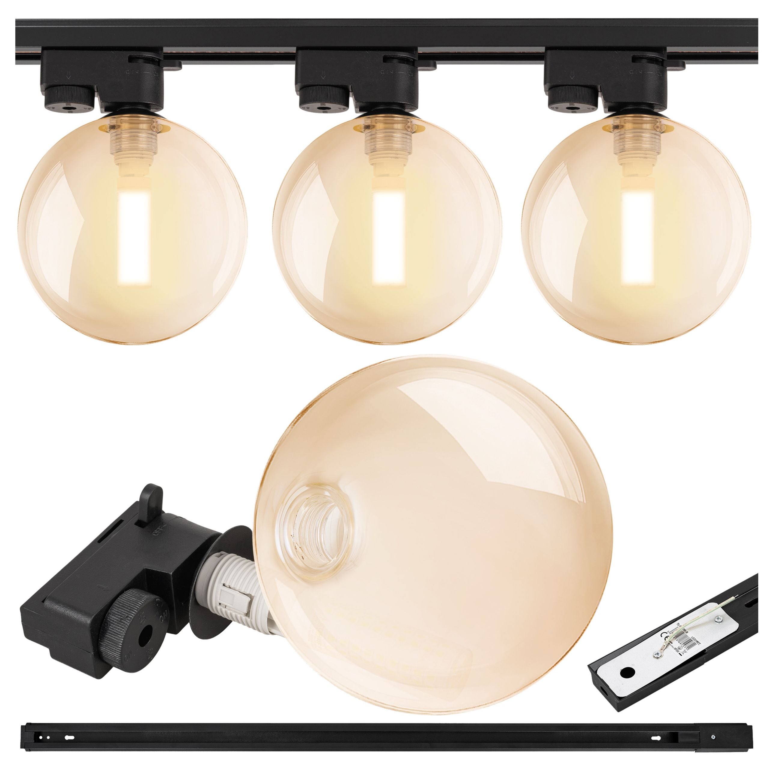 Lampa szynowa wisząca 3x BURSZTYNOWA KULA klosz G9 + szynoprzewód 1m Oprawa szklana AMBER okrągła OZDOBNA - LEDHOFF