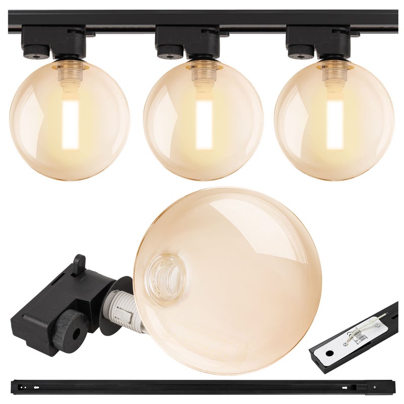Lampa szynowa wisząca 3x BURSZTYNOWA KULA klosz G9 + szynoprzewód 1m Oprawa szklana AMBER okrągła OZDOBNA - LEDHOFF