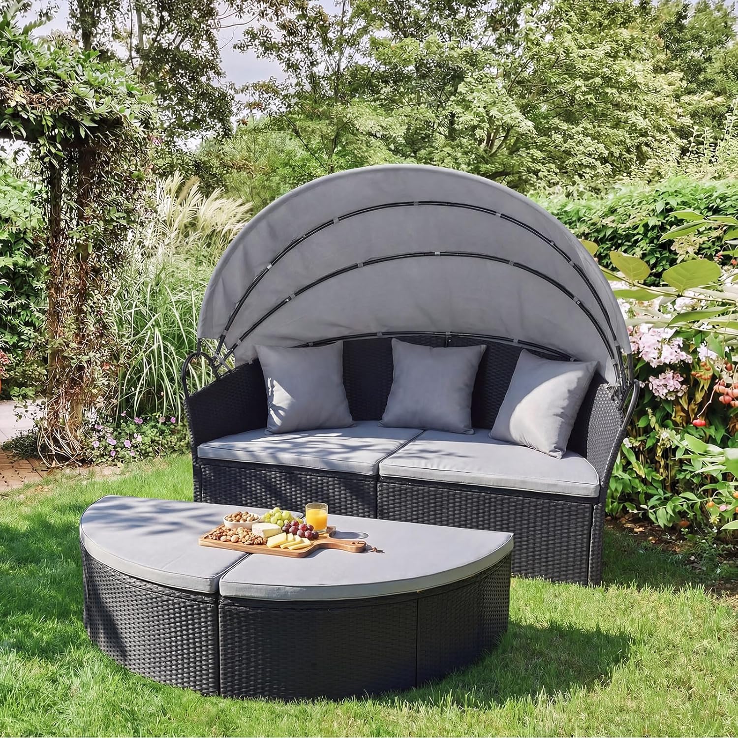 GIANTEX Lit de Jardin Rond en Rotin PE avec Auvent Rétractable, avec Coussins et Oreillers Amovibles Charge 360KG,pour Jardin Porche,Gris - 2