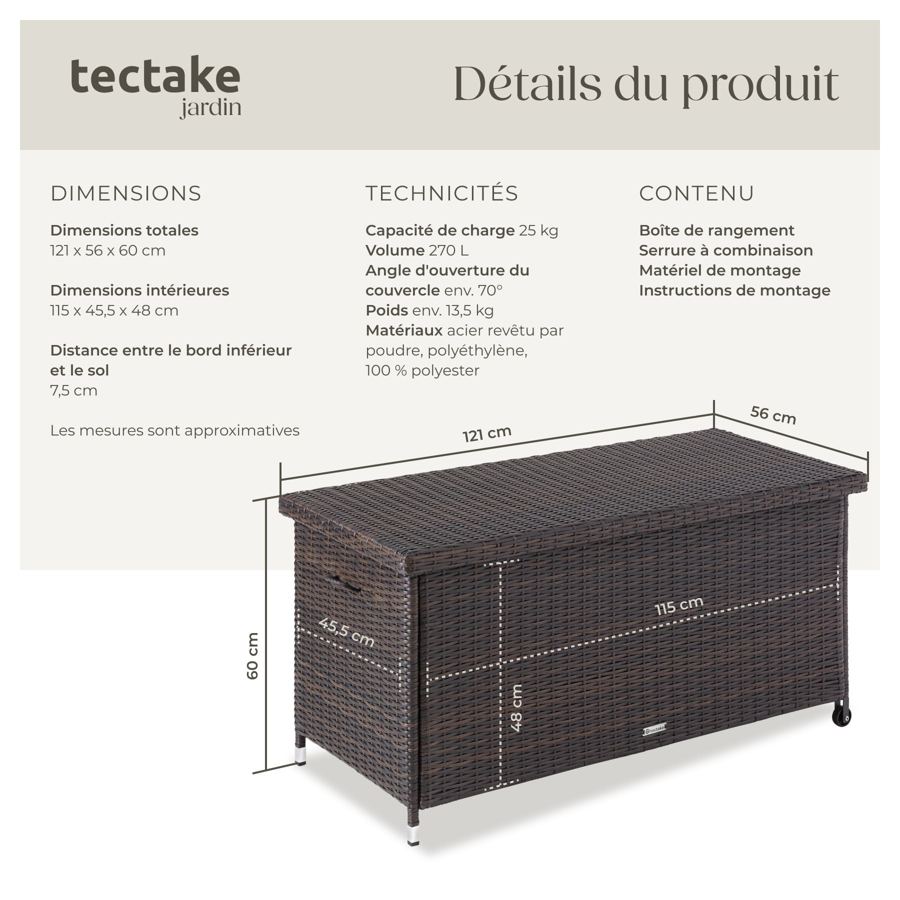 TECTAKE Baúl de almacenaje 270 l, con trenzado de ratán - 6
