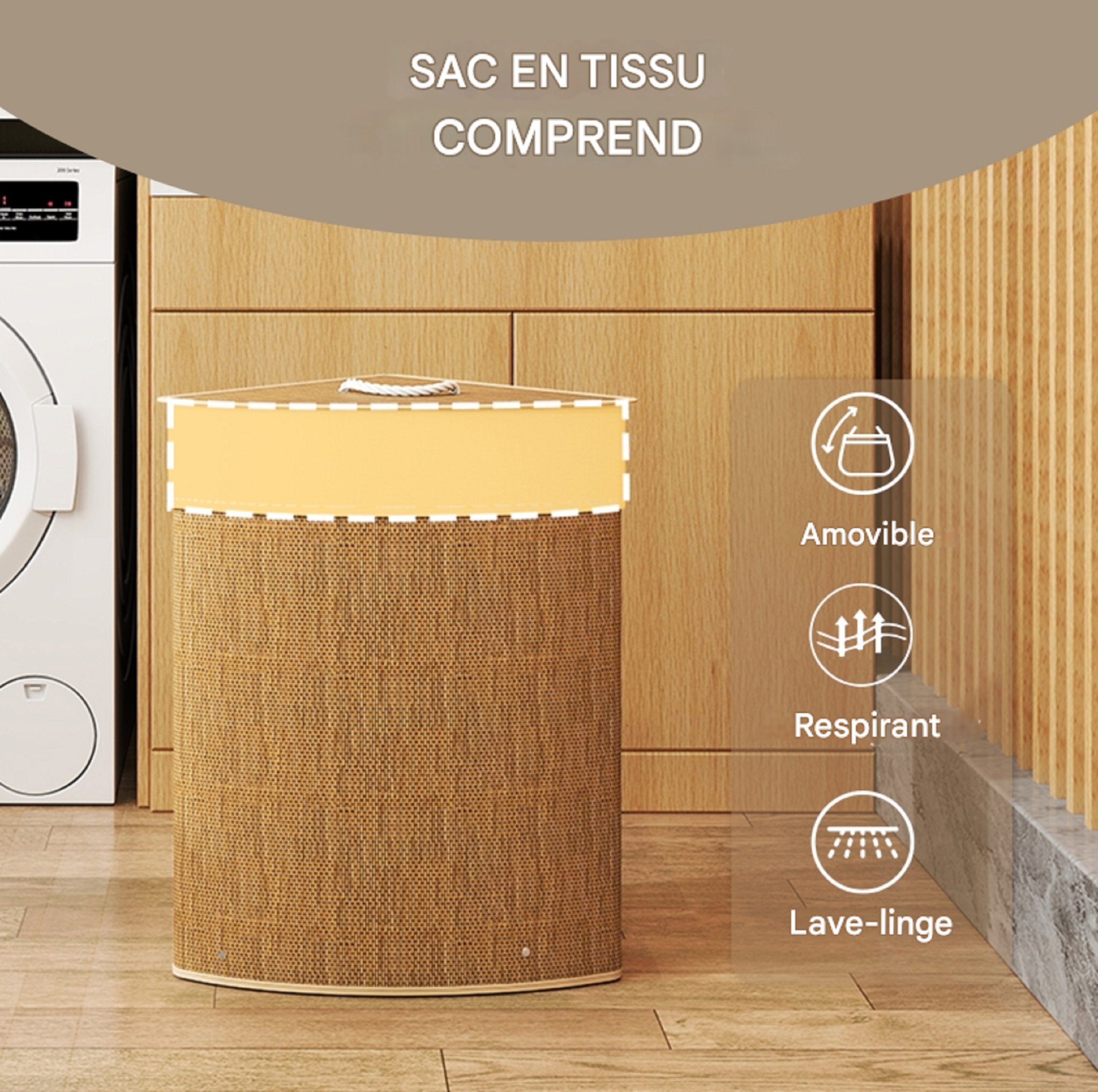 Panier à linge d'angle HOMCOM en bambou avec couvercle, 55 L, avec sac à linge amovible, idéal pour la salle de bain, marron - 6