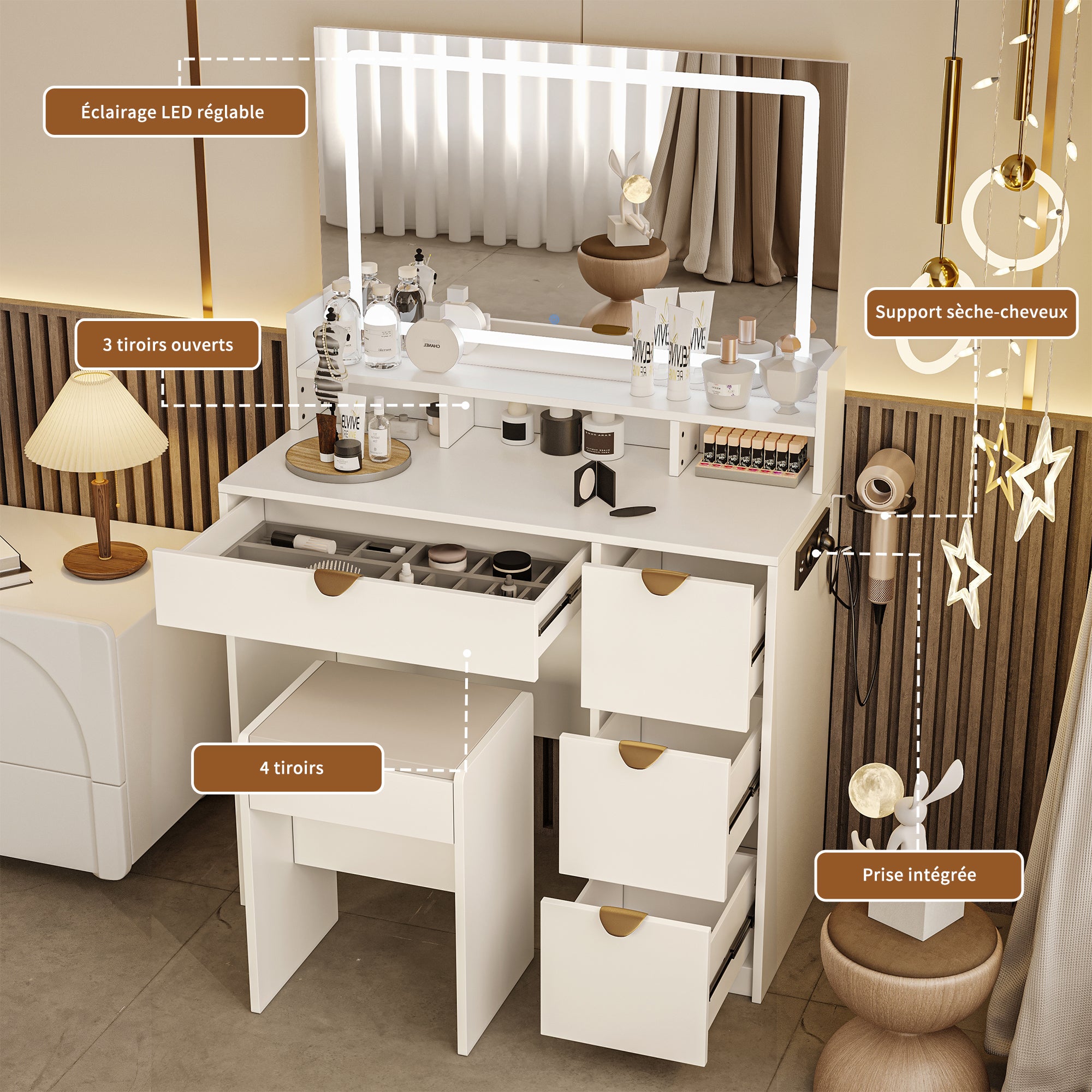 Coiffeuse blanche, miroir LED tactile tricolore, 4 tiroirs, prise électrique intégrée, 1 tabouret, support pour sèche-cheveux - 40x90x140 cm - 3
