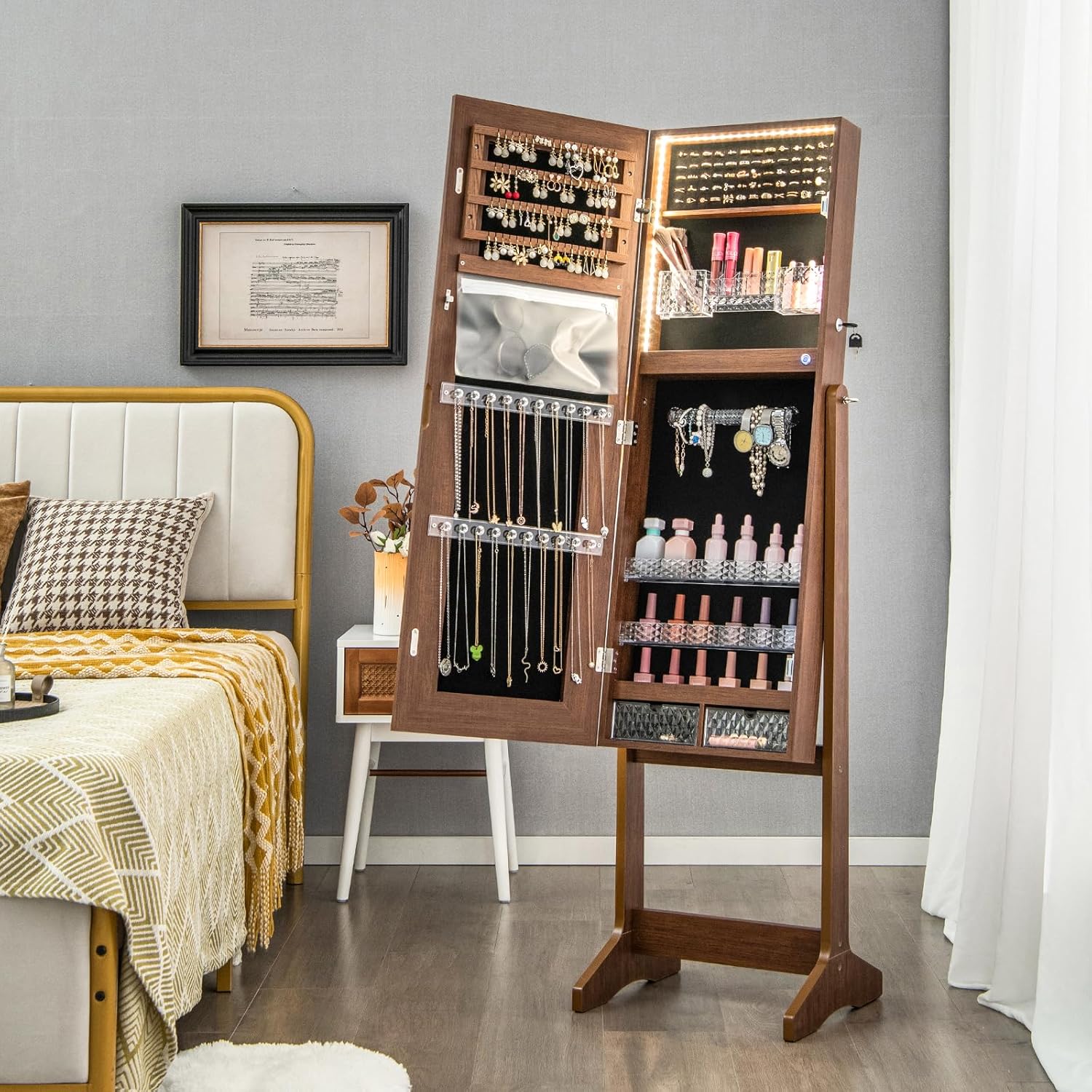 Armoire à Bijoux avec Miroir sur Pieds, Grand Miroir Psyché Sans Cadre avec Éclairage LED 3 Couleurs, avec 3 Angles Ajustables (Noyer) - 4
