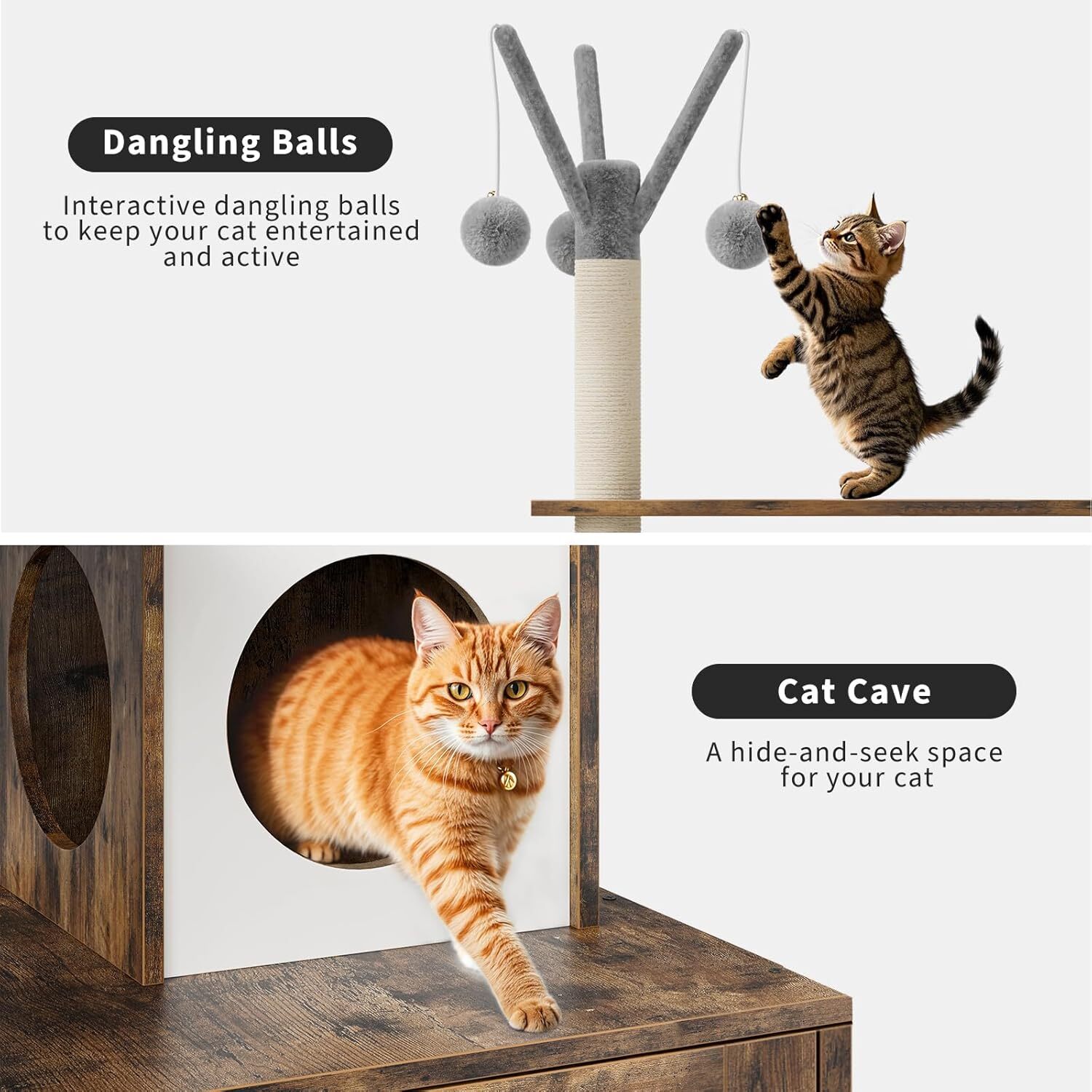 Árvore para gatos com caixa de areia escondida, 146 cm, grande torre de escalada, 2 grandes plataformas, 2 armários ocultos — Castanho - 3