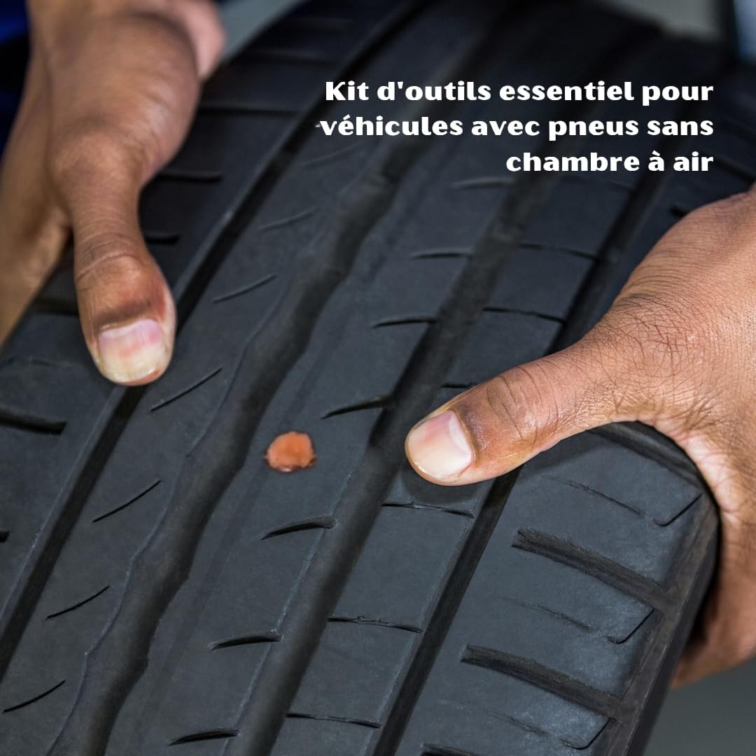 Meche Pneu Crevaison - Kit Reparation Pneu Voiture - Répare en 15 Minutes - Inclut 10 Mèches,1 Outil T spiralé,1 Insert d'outil en T,2 Gants et 1 Cu - 4