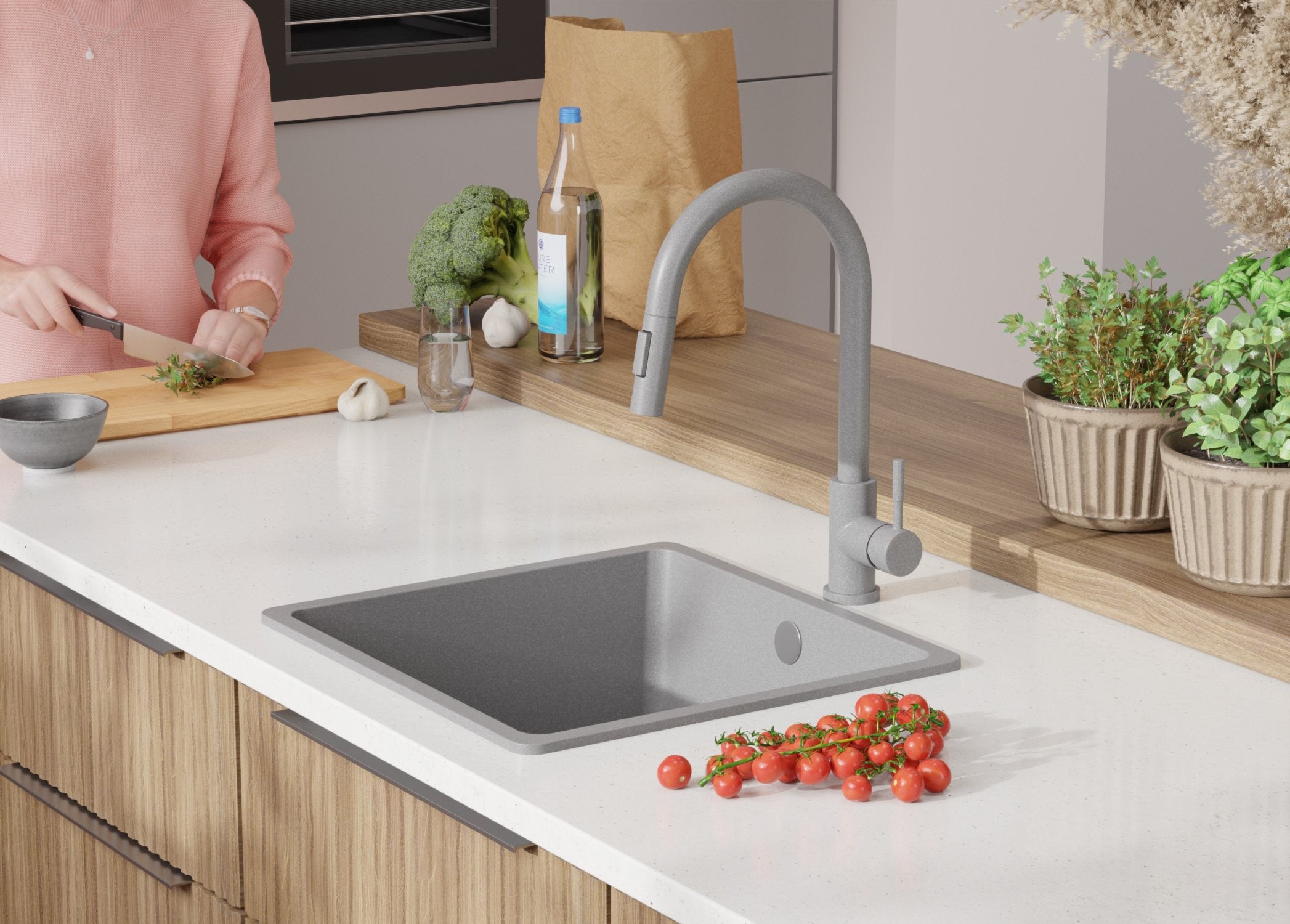 Evier Cuisine en Granit Gris 46x44cm, Lavabo 1 bac + Kit de Vidage, Évier à Encastrer au meuble 50cm - Venise Slim Easy PRIMAGRAN - 9