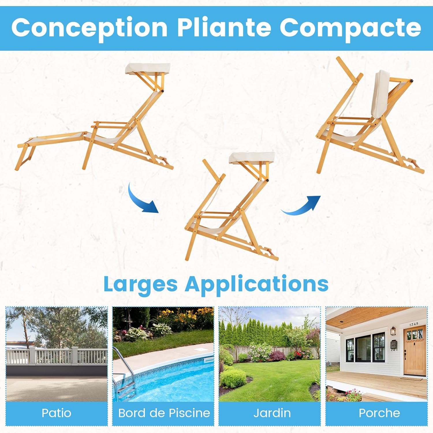 Sedia a Sdraio in Legno di Betulla, Lettino Prendisole da Giardino, Sedia da Spiaggia Pieghevole con Cappottina Regolabile e Rimovibile, Schie - 8