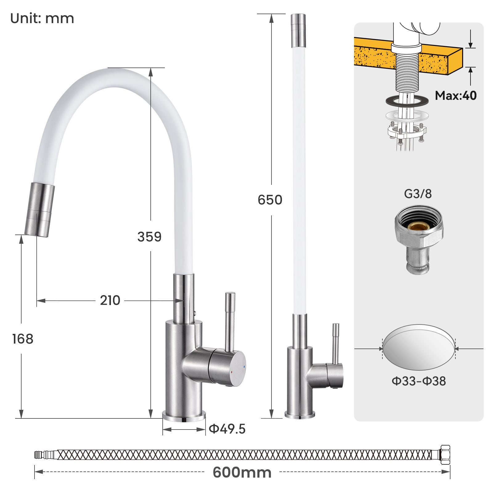 Auralum max Miscelatore da cucina flessibile con 2 tipi di getto, miscelatore da lavello flessibile con acqua calda e fredda, bianco - 7