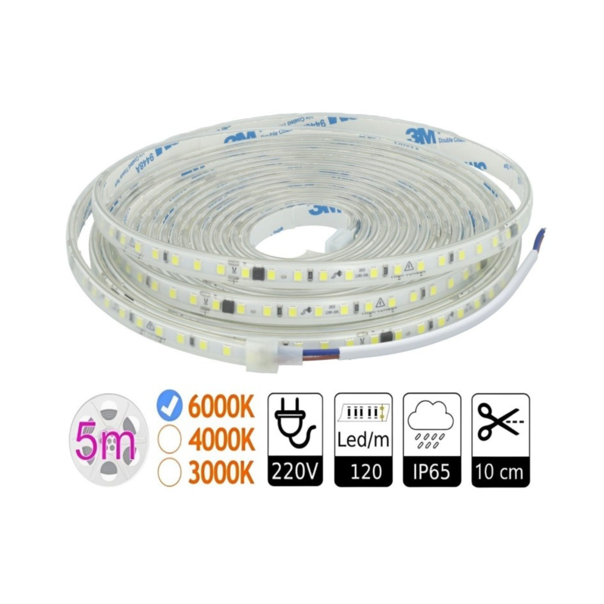 Taśma LED 220 V bez konieczności stosowania prostownika. Długość 10 cm, 12 W/m, 6000 K, szpula 5 m, IP65.