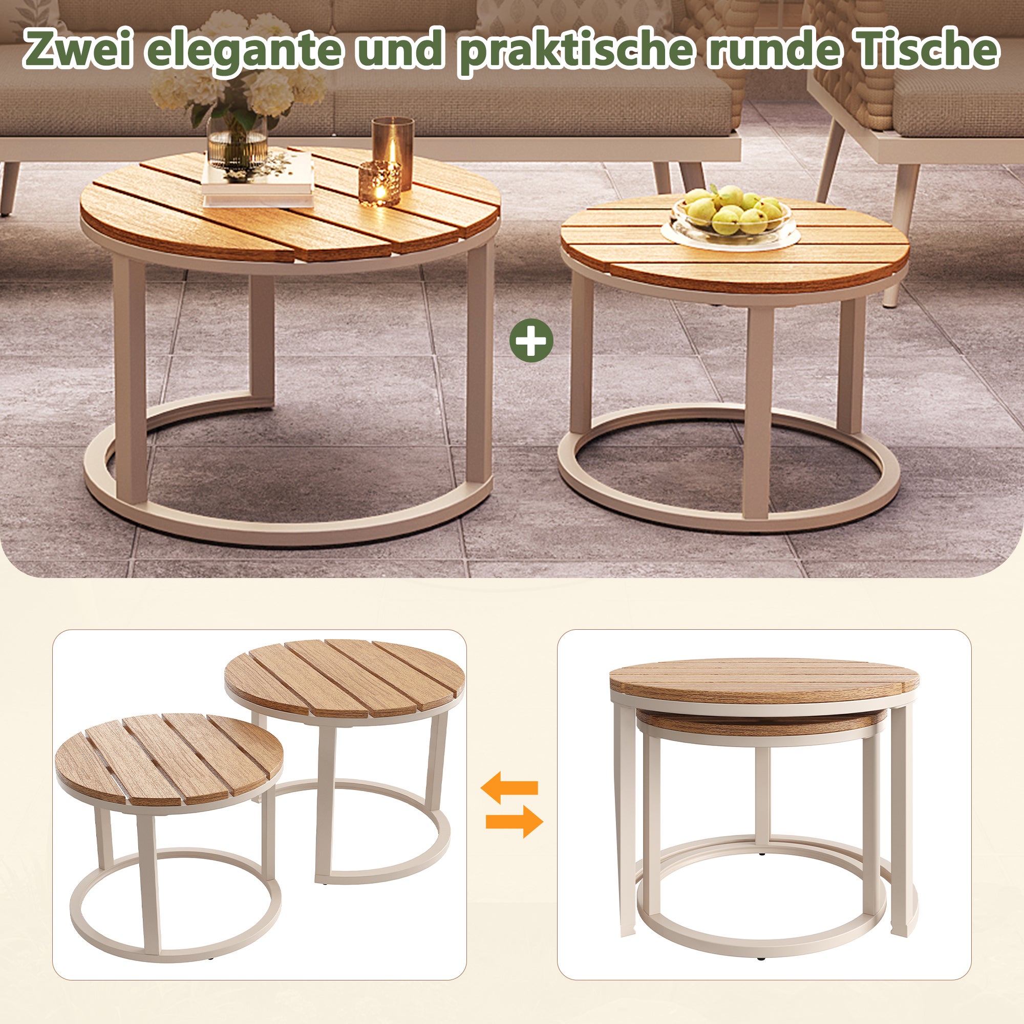 Salon de Jardin Exterieur pour 6 places,avec 2 tables basses en bois,Canapé d'angle extérieur en forme de L,avec coussin,Main courante tressée, Beige - 5