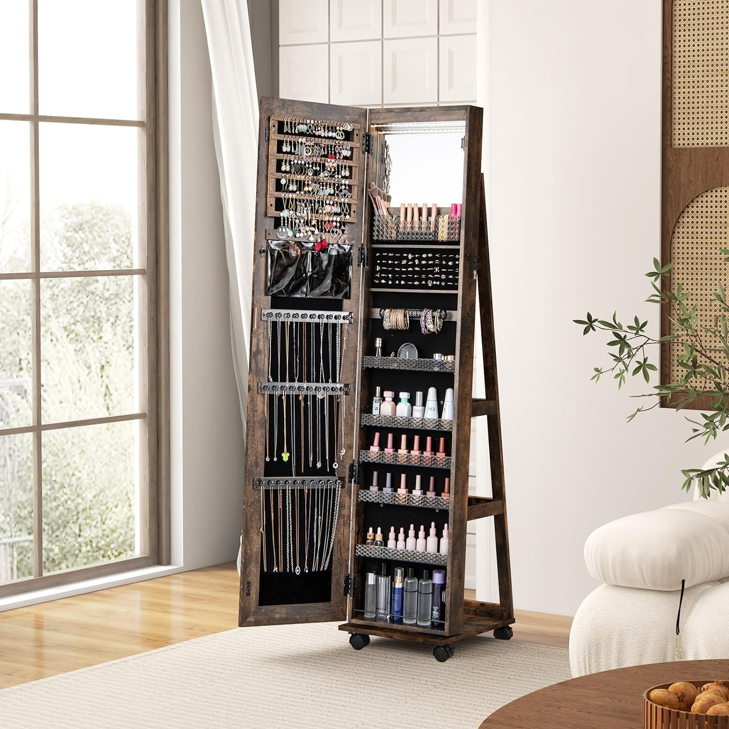 Armoire à Bijoux Mobile avec Miroir Pleine Longueur-avec Serrure-Lumières Led 3 Couleurs-Miroir de Courtoisie Intégré Café - 3
