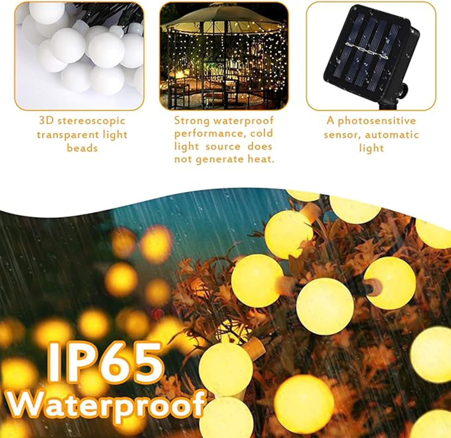 Guirlande lumineuse solaire d'extérieur - 10 m - 40 globes LED solaires - 8 modes - Étanche - Blanc chaud - Décoration pour l'extérieur - 3