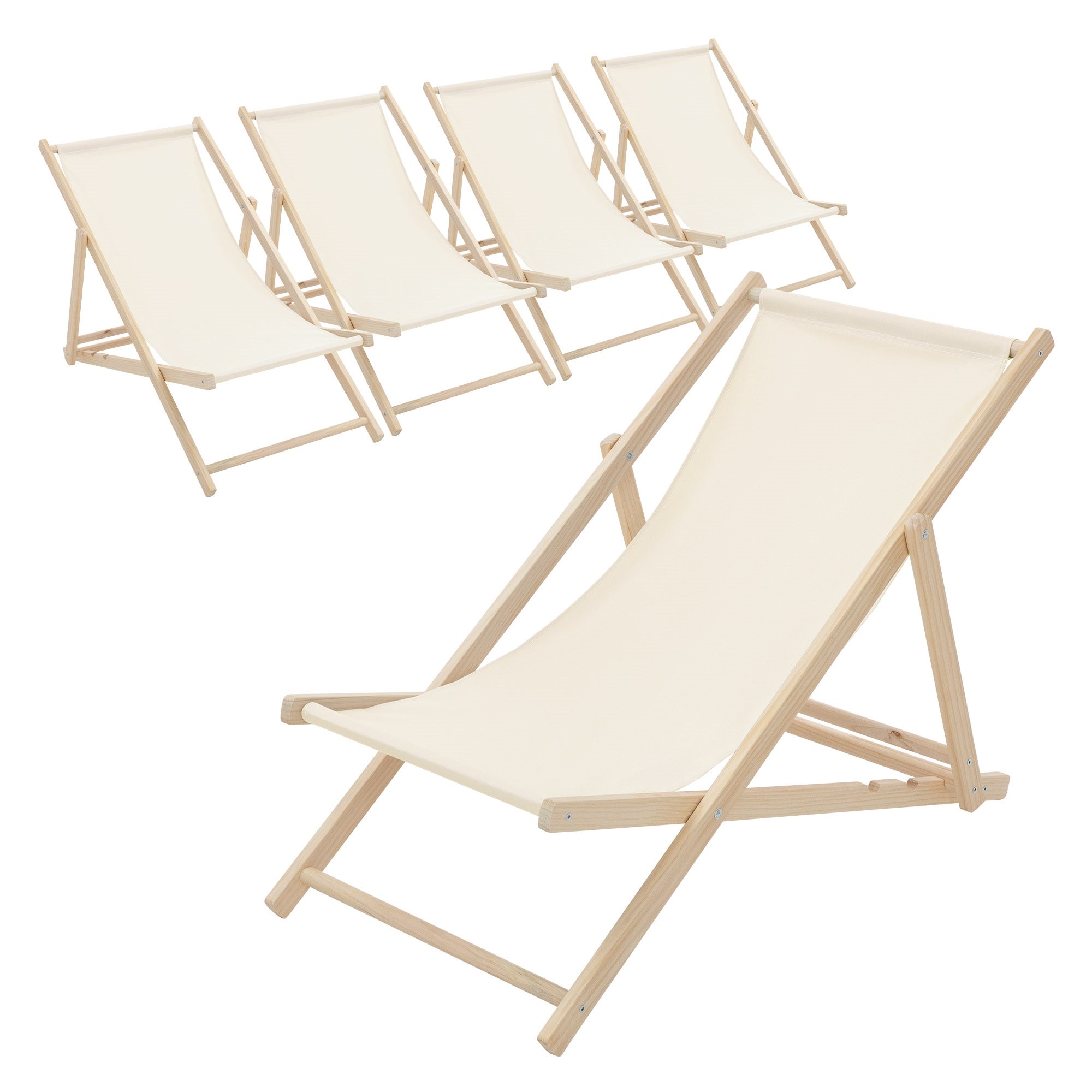 ECD Germany 5x składany leżak drewniany beż 3 pozycje odchylenia do 120 kg leżak ogrodowy relaksacyjny plażowy składany na taras ogród