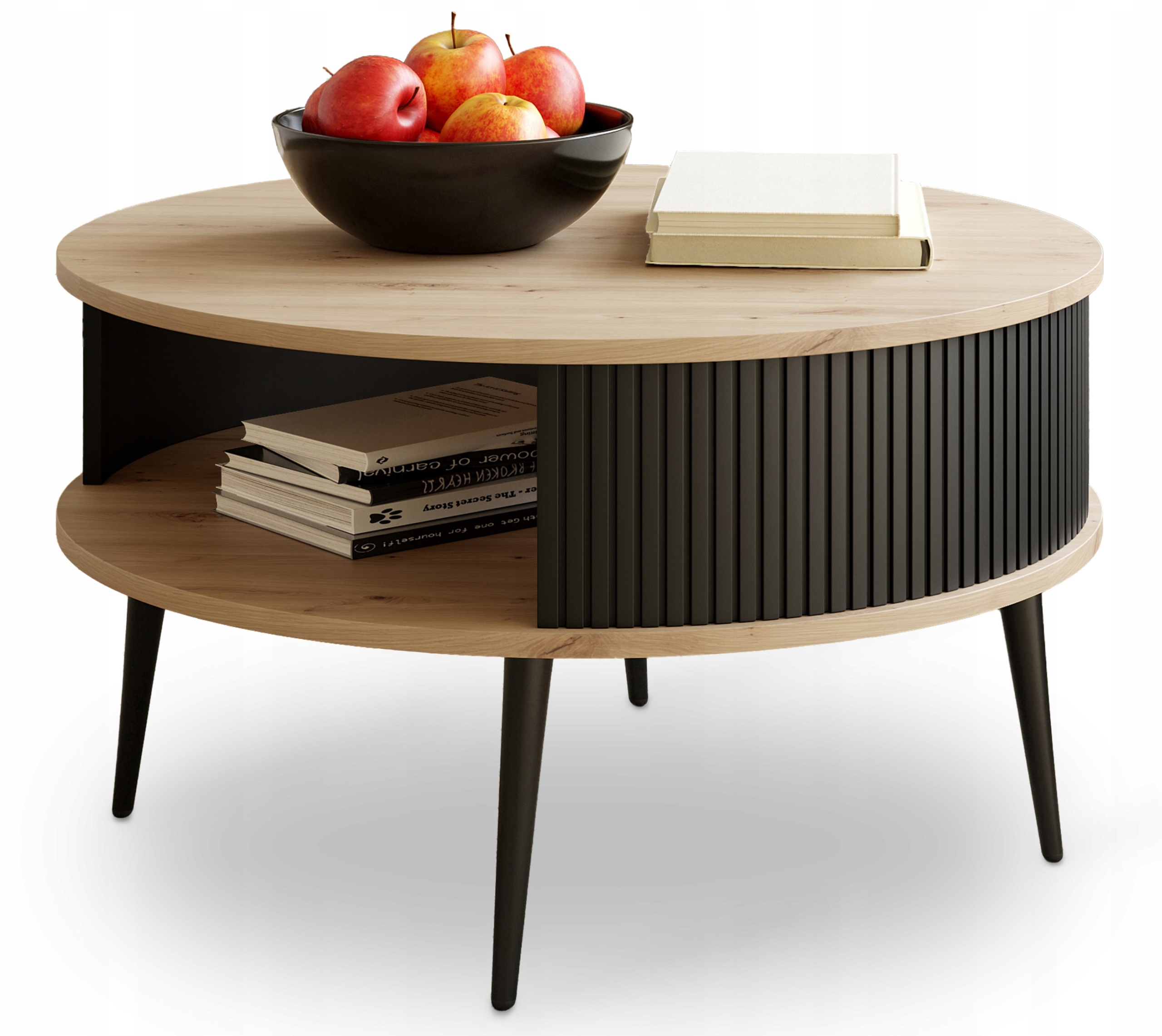 Stolik DO SALONU Okrągły Lamelowy DĄB ARTISAN Czarne Nogi NOWOCZESNY 76 cm