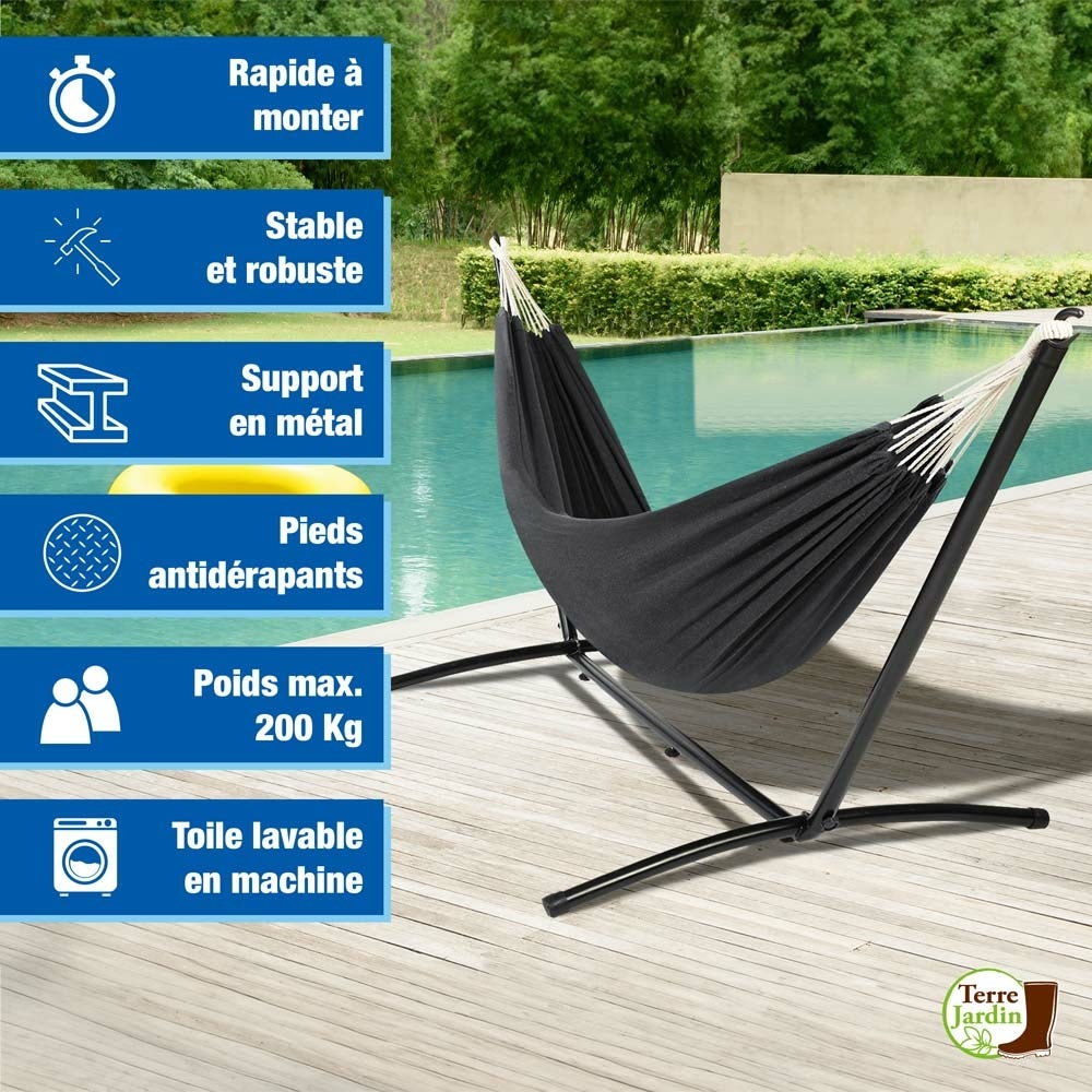 Hamac sur pied métal ZenCool, Toile anthracite, Charge maximale de 200 kg, 256 x 100 x 95 cm - 2