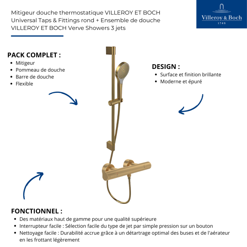 Mitigeur douche thermostatique VILLEROY ET BOCH Universal rond + Ensemble de douche Verve Showers 3 jets Or brossé - 3