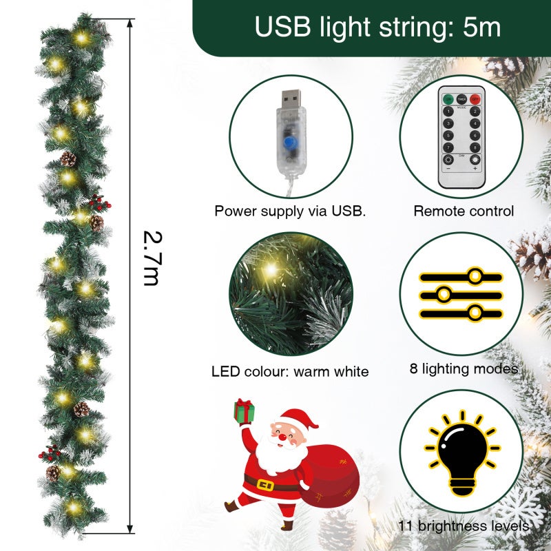 Ghirlanda Natalizia Preilluminata HomeKaren 2,8 M Con 50 Luci LED A Pigna E Neve