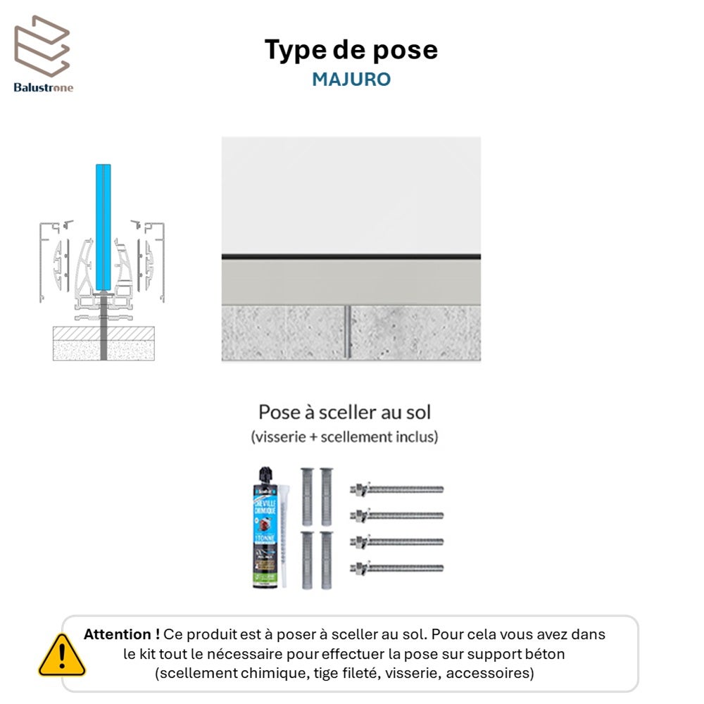 Garde-corps en verre feuilletée et trempée 17 mm, kit de 1 ml, pose sur rail aluminium, MAJURO - 4