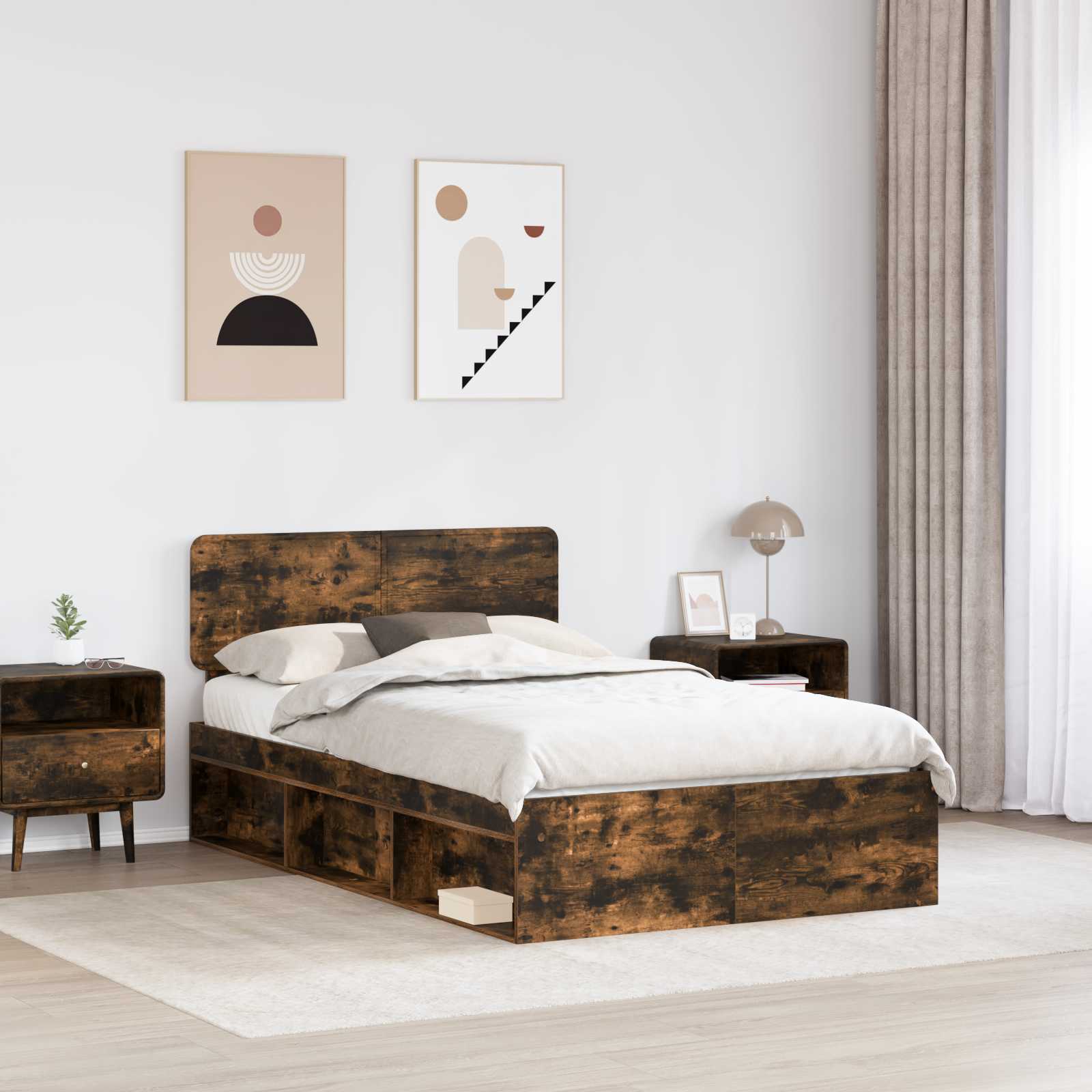 Cadre de lit chêne fumé en pin massif, pour la chambre, 135 × 190 cm - 3