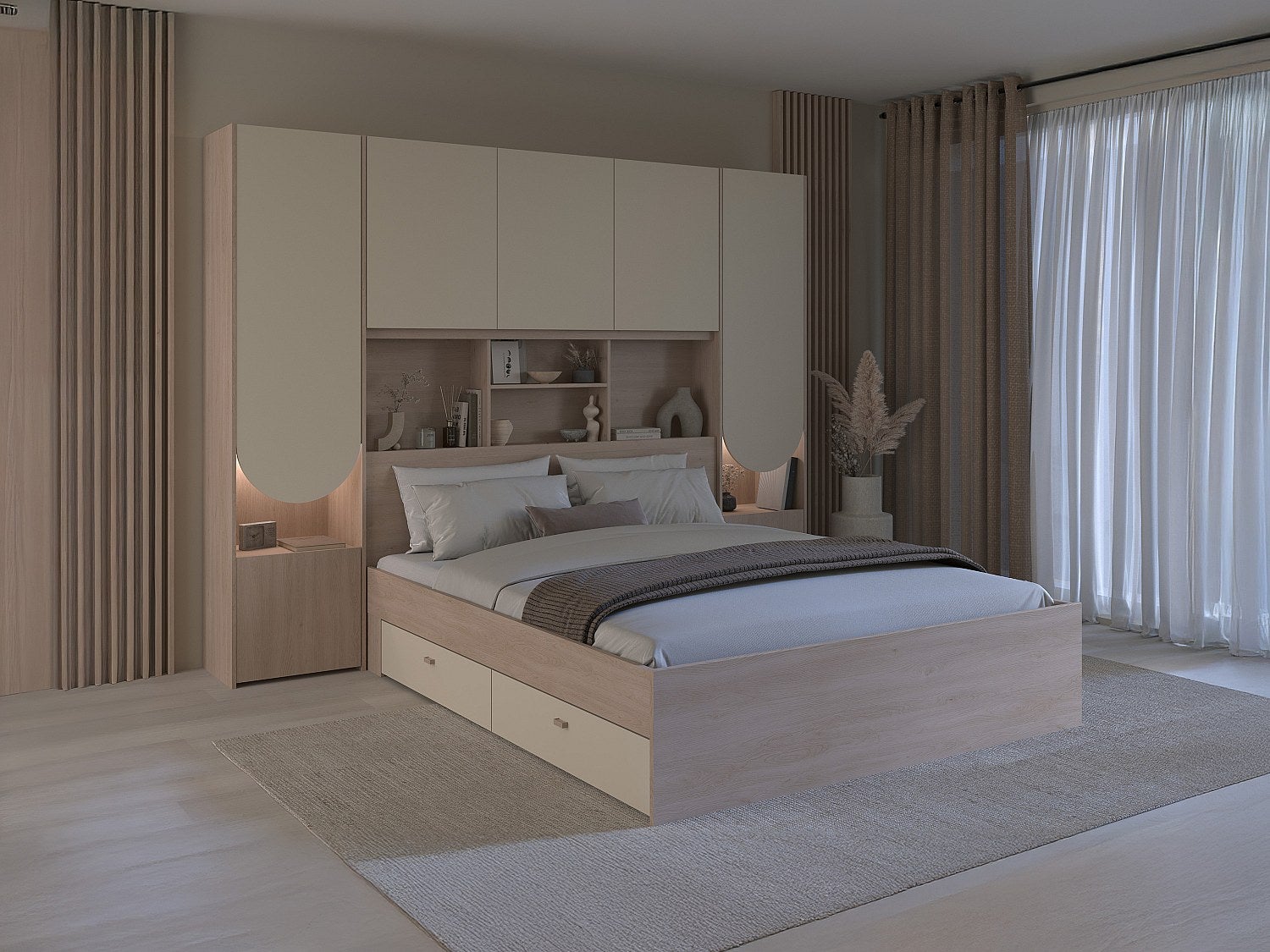 Pont de lit avec rangements – Avec LEDs – L266 cm – Beige et naturel - DOMELITO - 2