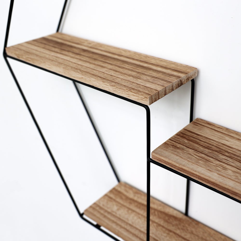 Etagère murale en métal noir - 3 planches en bois - Hexagonal - 48x55x10 cm - 4
