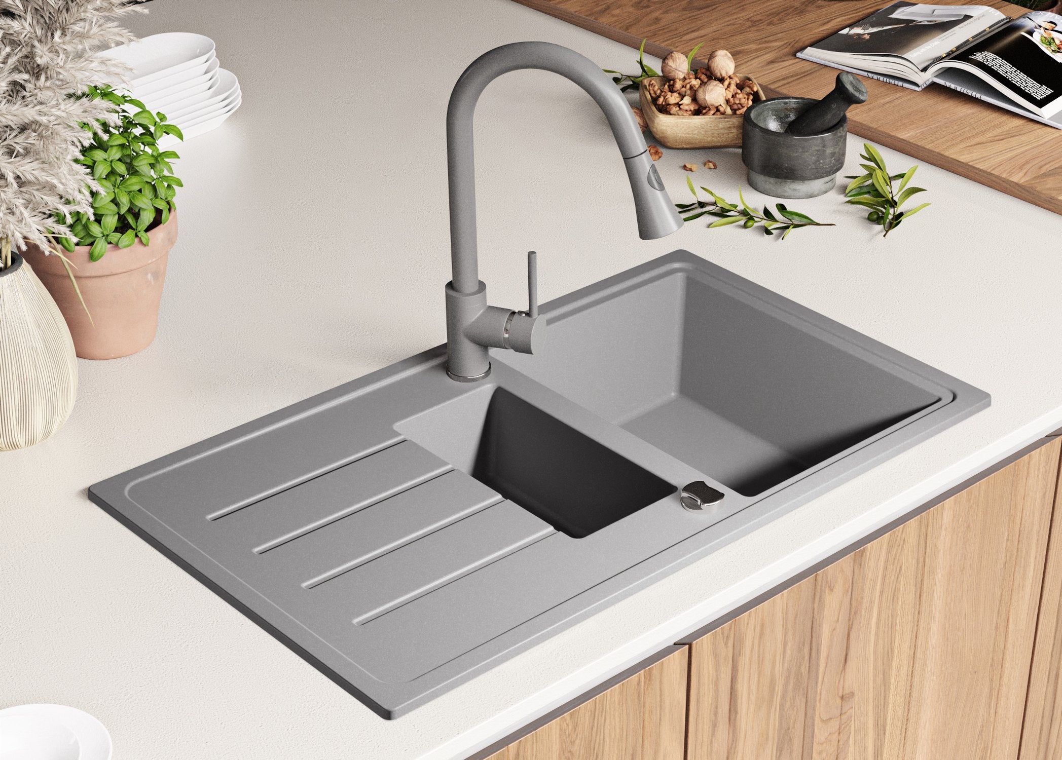 Zlewozmywak Szary 90x50cm, Zlew Kuchenny 1,5 Komorowy + Syfon, Nablatowy do szafki od 60cm - Kopenhaga Duo PRIMAGRAN