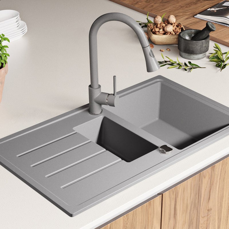 Zlewozmywak Szary 90x50cm, Zlew Kuchenny 1,5 Komorowy + Syfon, Nablatowy do szafki od 60cm - Kopenhaga Duo PRIMAGRAN