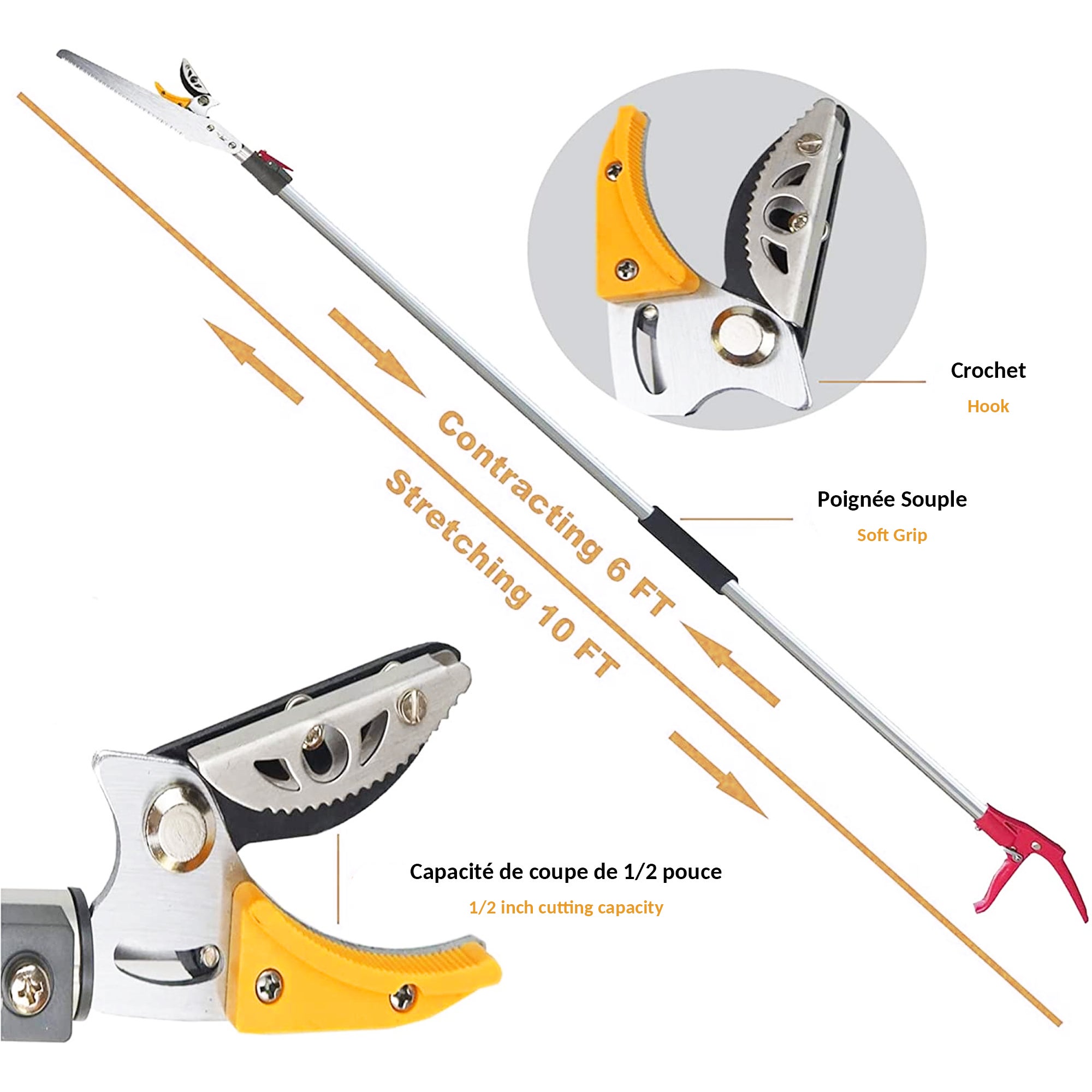 Sécateur Télescopique FISHTEC 1.37 À 2.2 m Avec Scie 30 cm 52 Dents Lame Acier Enclume De Préhension Manche Aluminium Portée 4 m Élagage Jardin - 4