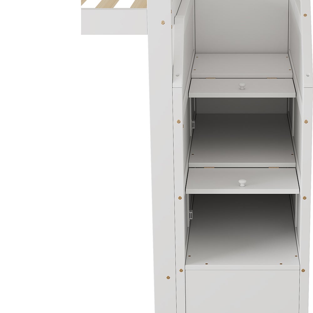 Lit en mezzanine 90x200 cm, avec sommier à lattes, rails, marches escamotables, espace librement combinable sur demande, certifié EN 747, blanc - 5