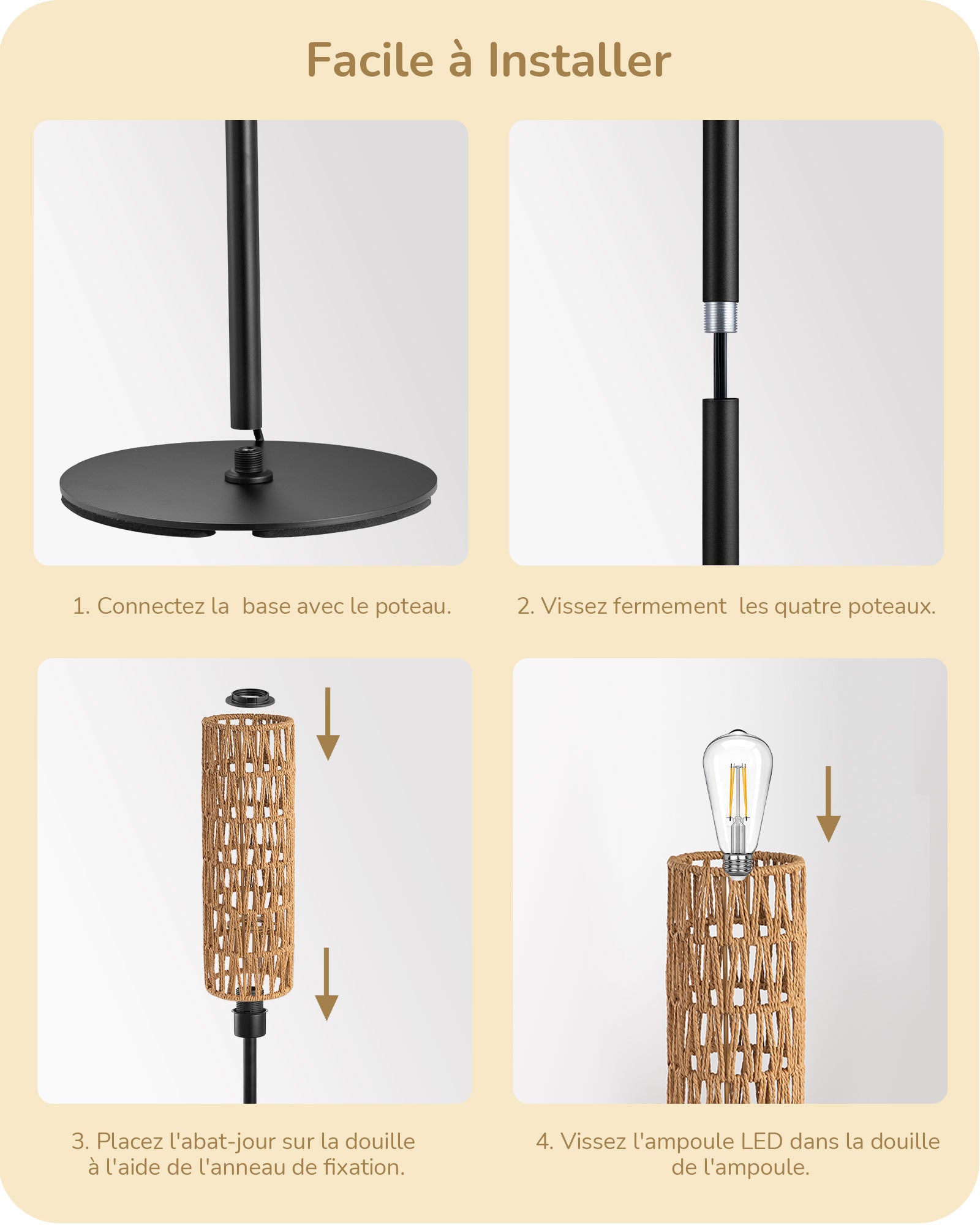 EDISHINE Lampadaire sur Pied Salon 165 cm, avec E27 Ampoule LED 2700K, Interrupteur à Pédale, Abat-jour en Corde Tissée - 7