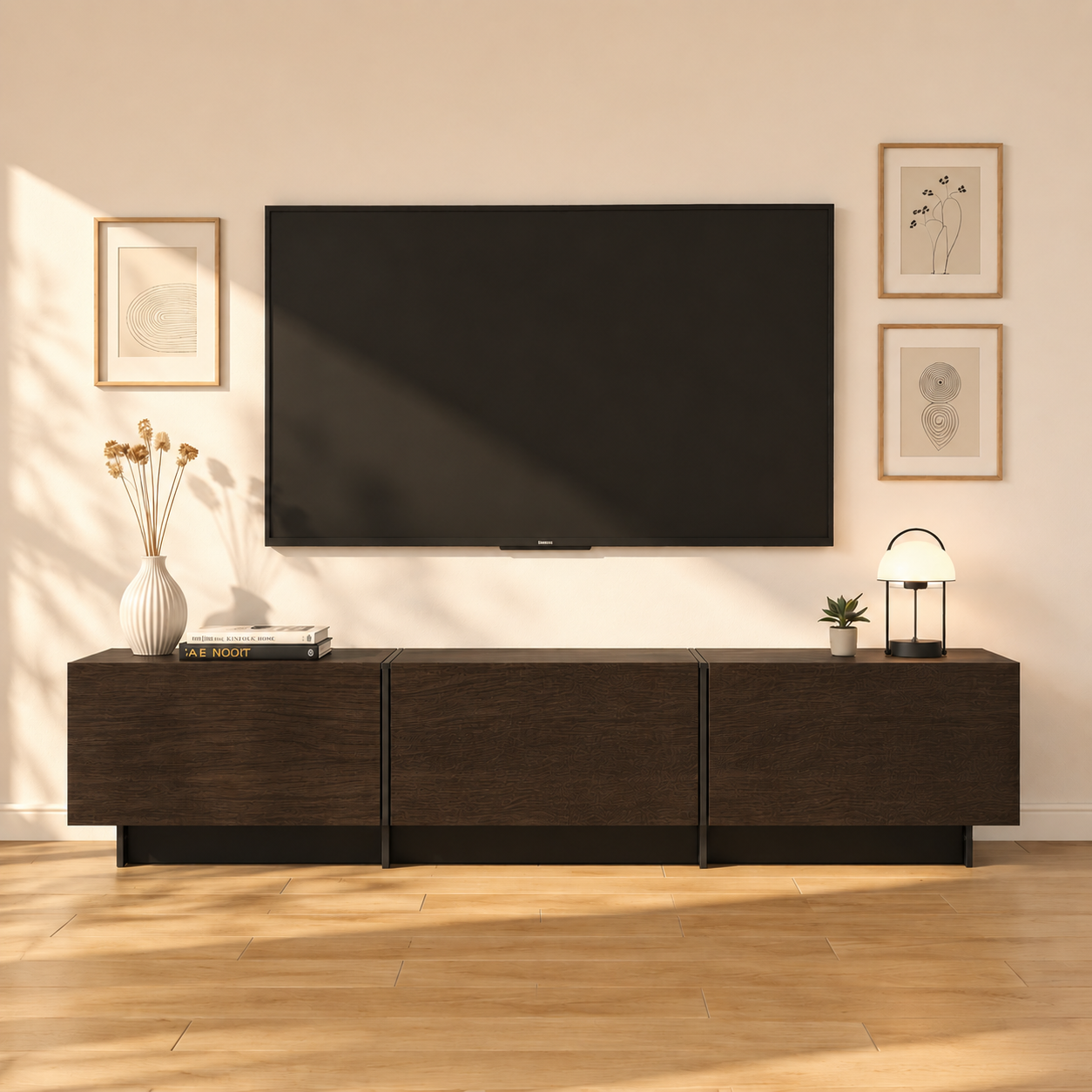 Meuble TV Support TV avec 3 Portes avec avec Aspect du Bois, Salon et Chambre, 180x30x38cm, Marron Foncé et Noir - 2