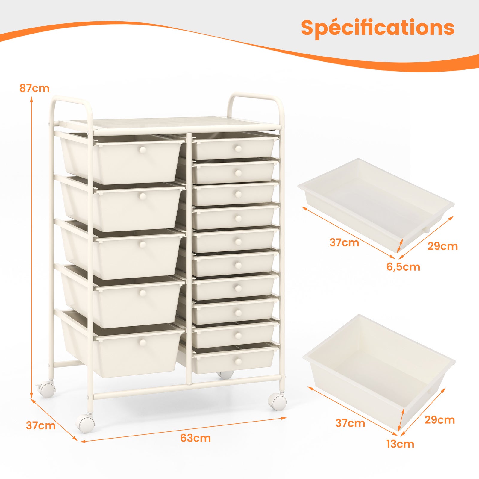 Desserte, Chariot De Rangement à Roulettes Avec 15 Tiroirs Et Freins En Plastique Acier