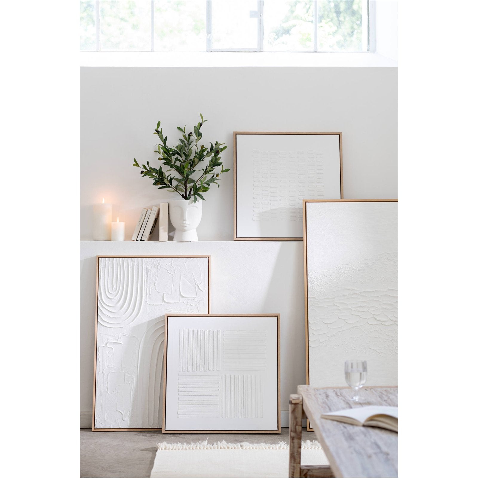 Tableau toile blanc relief élégant décoration murale contemporaine 120 x 4 x 80 cm Blanc texturé et cadre bois naturel - 2