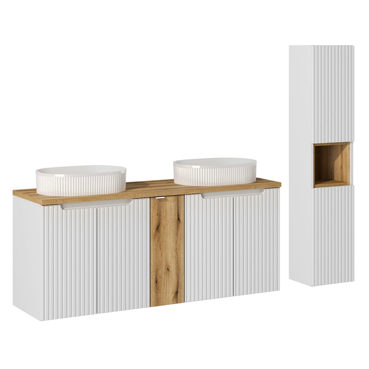 Conjunto de muebles doble lavabo 140cm 5 puertas y columna riva blanco y madera