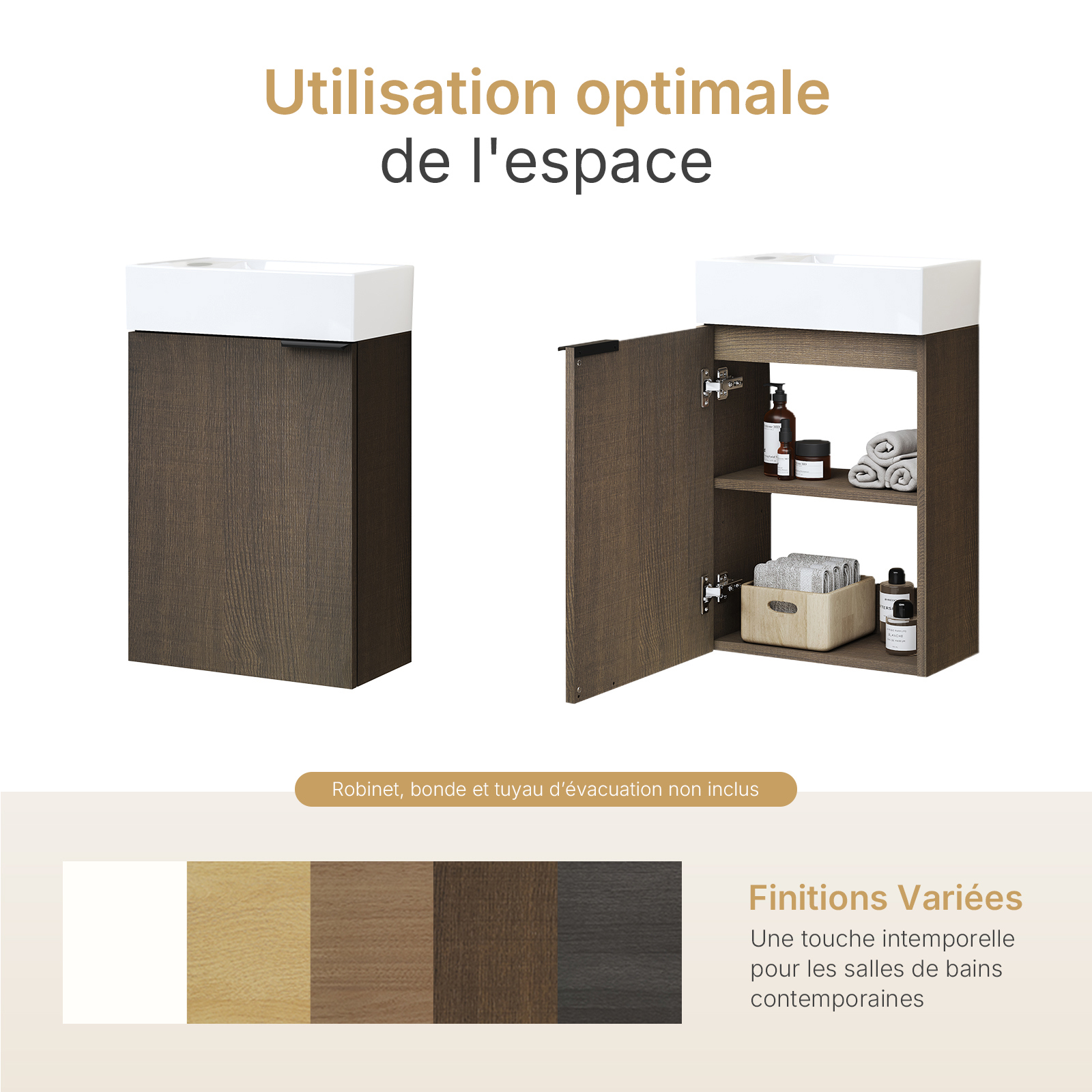 EMKE Meuble de salle de bains l.41.5 x H.64.5 x P.24 cm - Décor Chêne Fumé à portes avec Vasque céramique blanche - 6