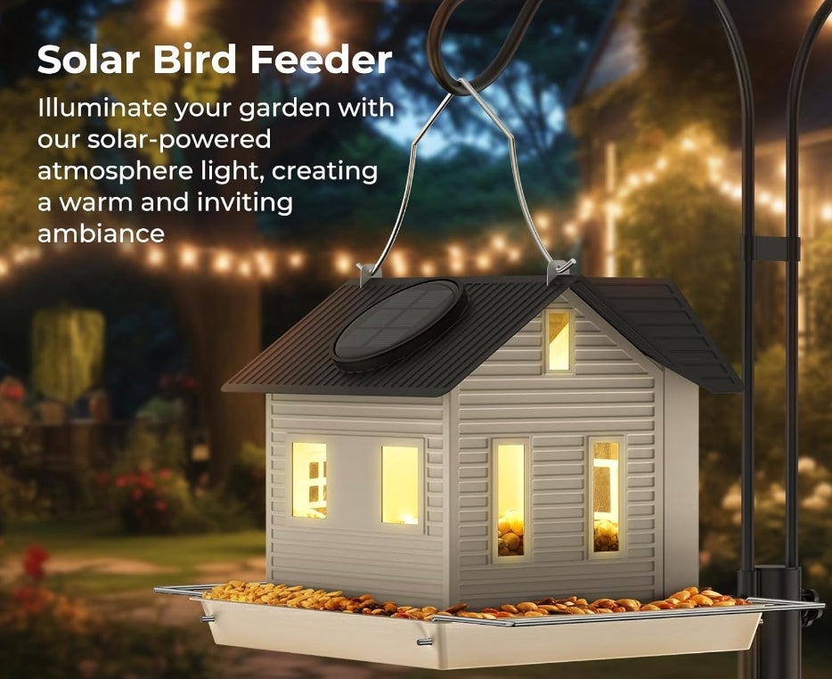 Mangeoire solaire pour oiseaux - Nichoir suspendu en métal avec lampes solaires, lanterne solaire d'extérieur, décoration de jardin, cadeaux uniques - 3